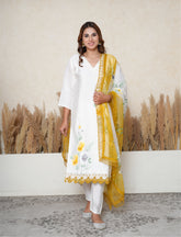 White Handpainted Suit Set with Mustard Contrast Dupatta